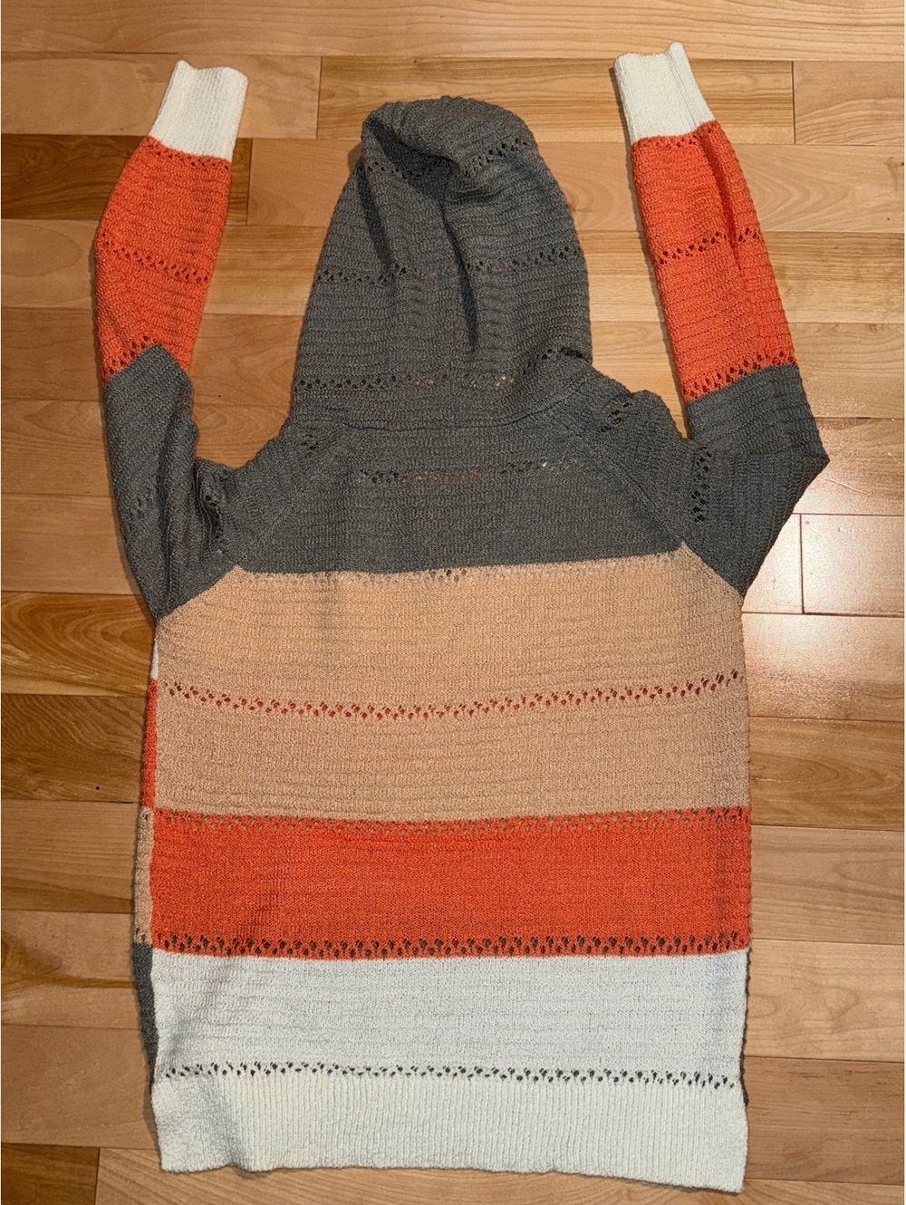 Women's Colorblock Hooded Sweater Knit Pullover in Gray, Orange, Beige, andWhite - Picture 3 of 3